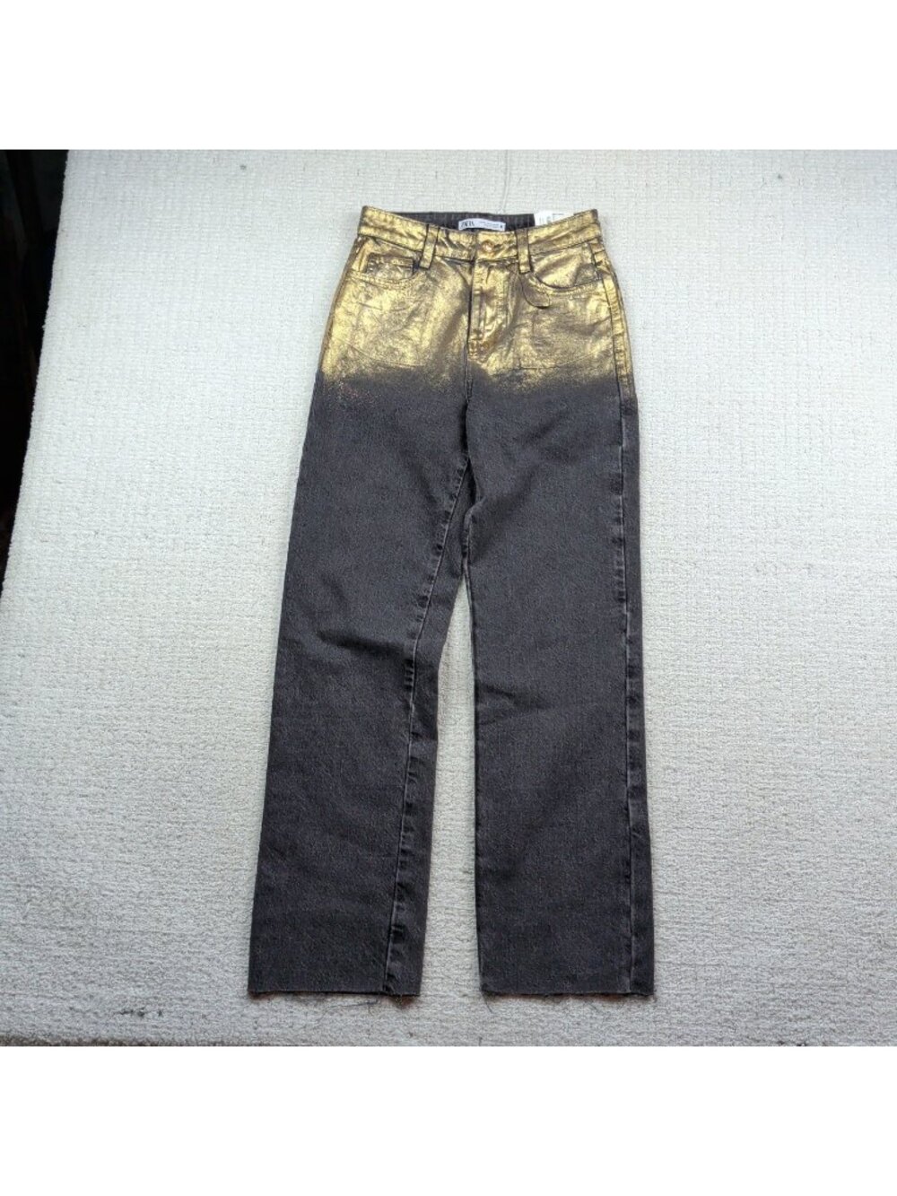 NWT Zara Foil Metallic Shine Gold Dark Gray Straight Ankle Leg Jeans Cut Off 00